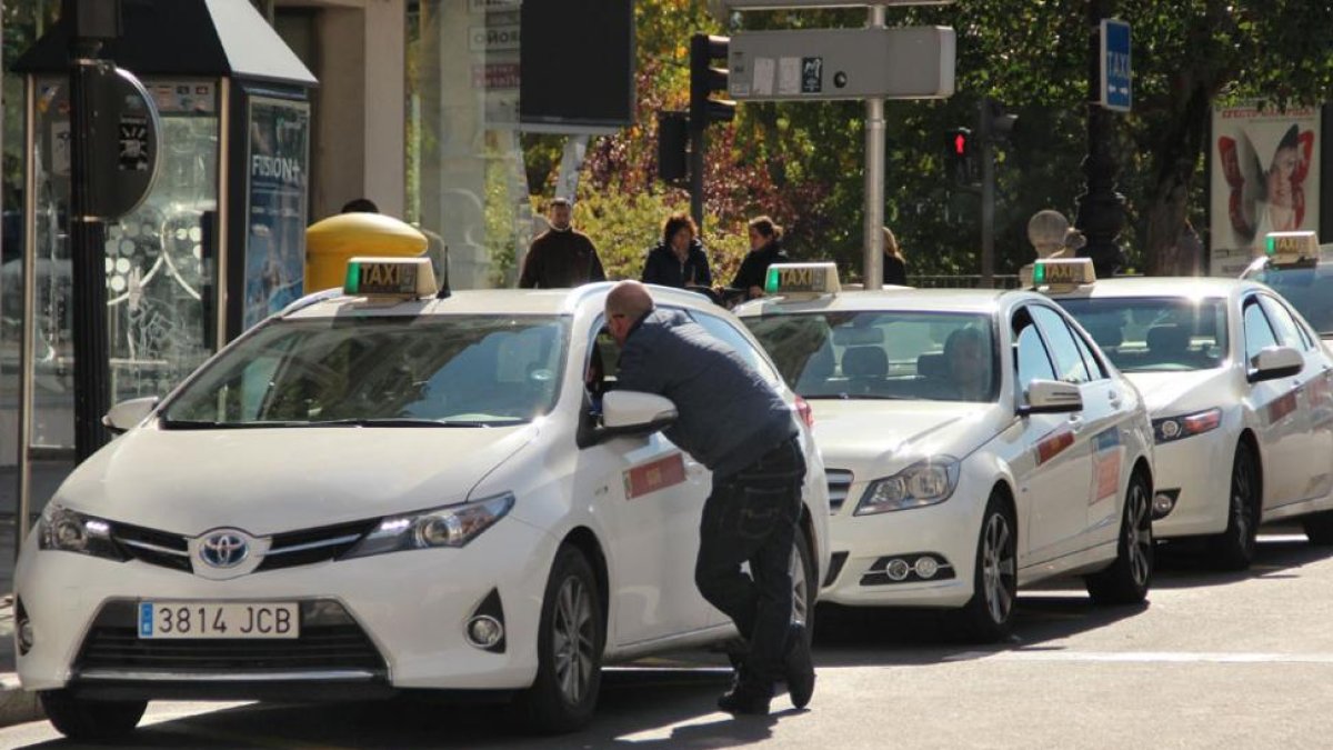 Un hombre charla con el conductor de un taxi en una parada de la capital.-SANTI OTERO