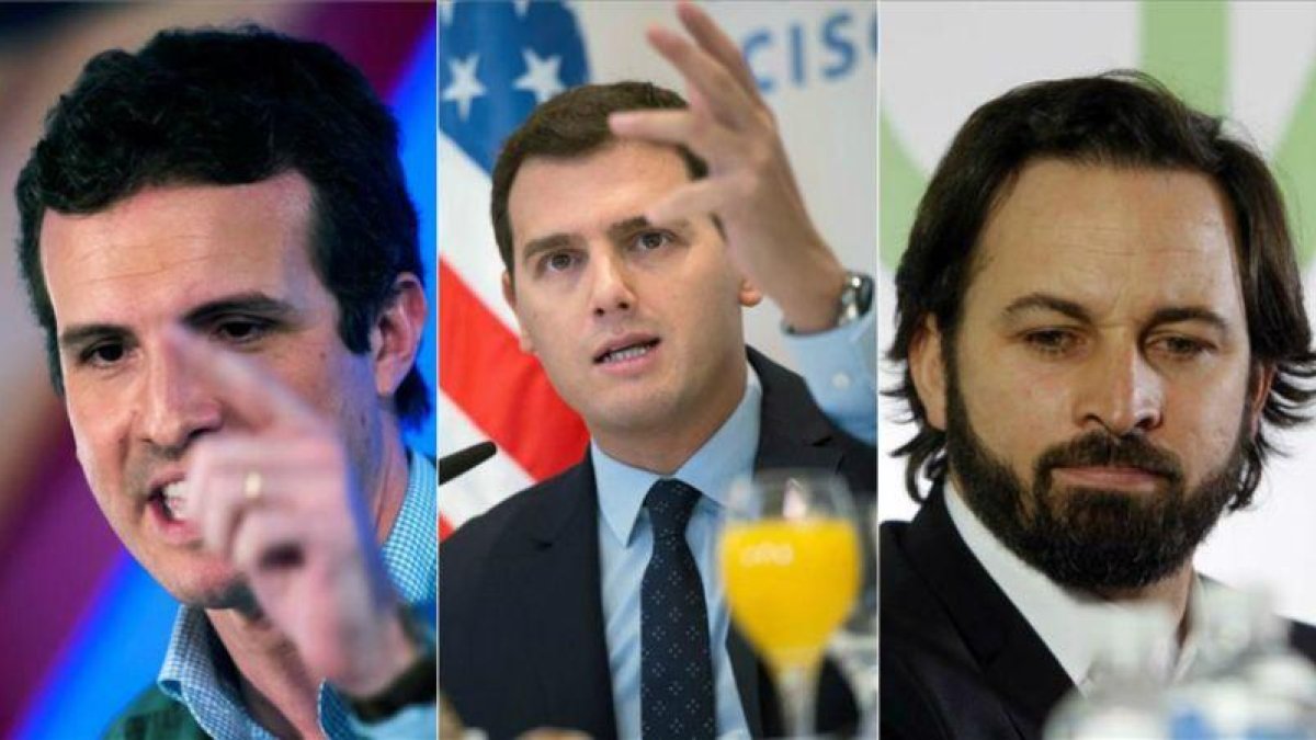 Pablo Casado (PP), Albert Rivera (Ciudadanos) y Santiago Abascal (Vox).-EL PERIÓDICO