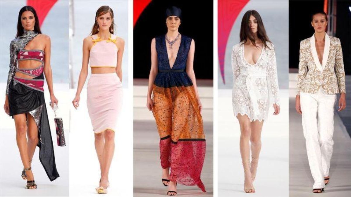 Modelos de Custo Barcelona, The 2nd Skin Co., Alvarno, Melissa Odabash y Javier Vázquez, en el Mercedes Benz Fashion Madrid, celebrado en Ibiza.-EL PERIÓDICO