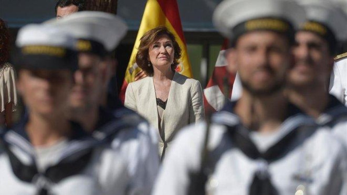 Carmen Calvo, el pasado 10 de agosto, en Sevilla, durante la celebración del quinto aniversario de la primera vuelta al mundo.-AFP / CRISTINA QUICLER