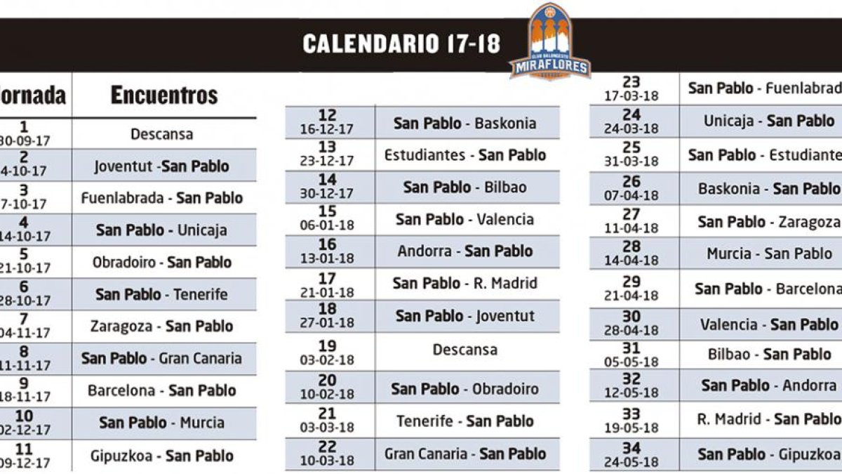 Calendario del San Pablo Burgos para la temporada 17/18.--ECB