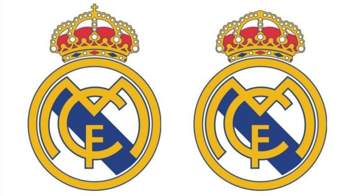 El escudo del Real Madrid y, a la derecha, con la cruz suprimida para venderla en países musulmanes.-