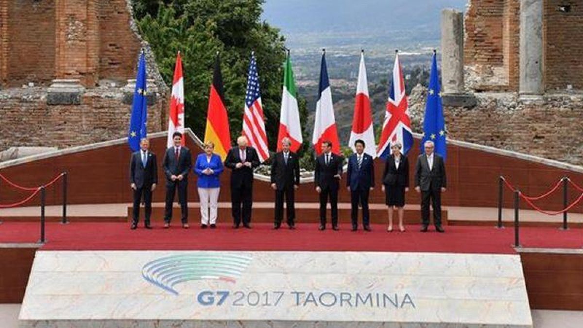 (i-d) El presidente del Consejo Europeo, Donald Tusk, el primer ministro canadiense, Justin Trudeau, la canciller alemana, Angela Merkel, el presidente estadounidense, Donald J. Trump, el primer ministro italiano, Paolo Gentiloni, el presidente francés, E-EFE