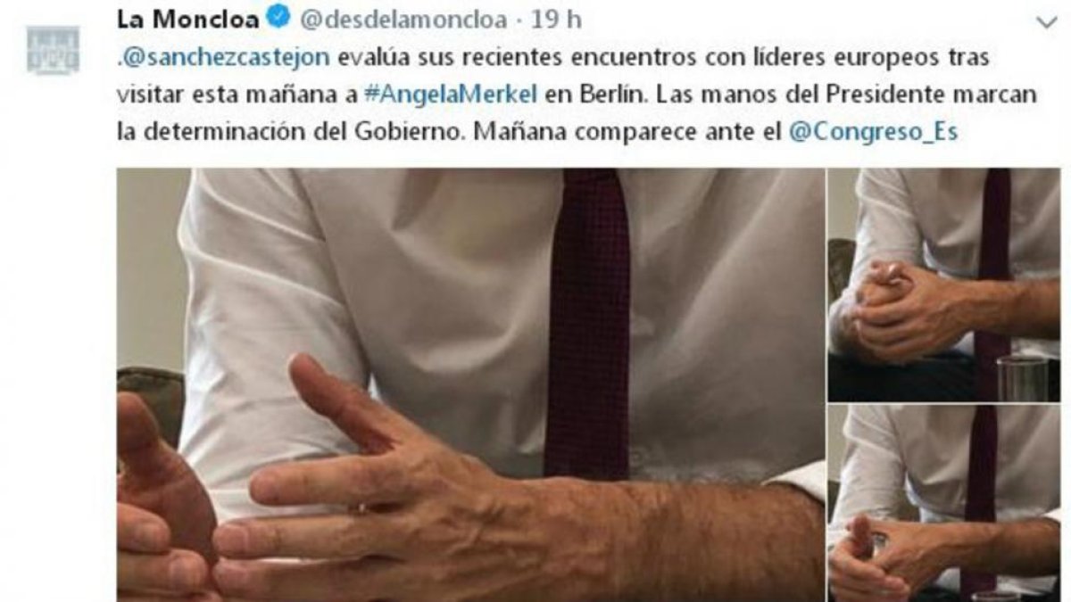 Tuit de La Moncloa con las manos de Sánchez en primer plano-/ TWITTER