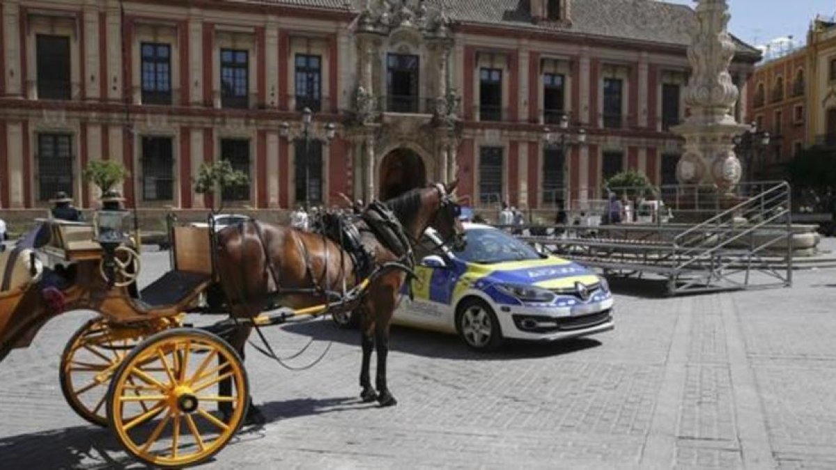 Un coche de caballos y una patrulla policial junto a una de las tribunas, en la Plaza de la Virgen de los Reyes, que estaban preparadas para la visita del presidente de EEUU Barack Obama a Sevilla, que finalmente ha sido cancelada-EFE / JULIO MUÑOZ
