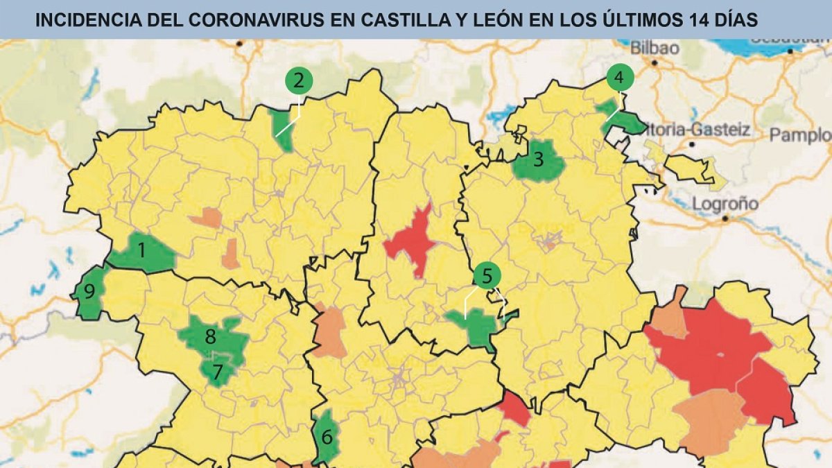 NUEVE ZONAS BÁSICAS DE SALUD LLEVAN 14 DÍAS SIN CASOS. Por provincias serían: León, Truchas (1) y Matallana de Torío (2); Burgos, Sedano (3)y Valle de Losa (4); Palencia, Baltanás (5); Valladolid, Alaejos (6) y Zamora, Carbajales de Alba (7), Tábara (8) y Alta Sanabria (9).