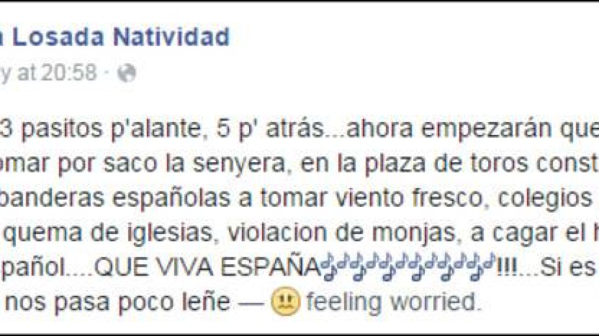 Captura del mensaje de Facebook de Nuria Losada Natividad.-