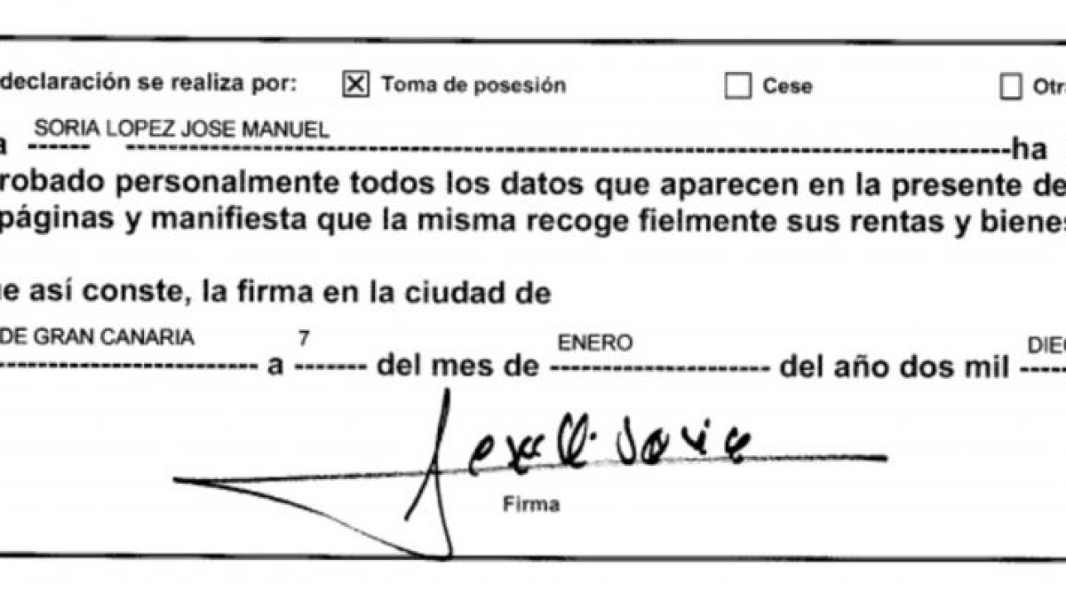 Firma de José Manuel Soria en la declaración de bienes que presentó en el Congreso.-