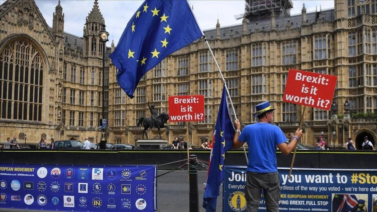 Protesta contra el brexit ante el Parlamento en Londres, este jueves.-EL PERIÓDICO