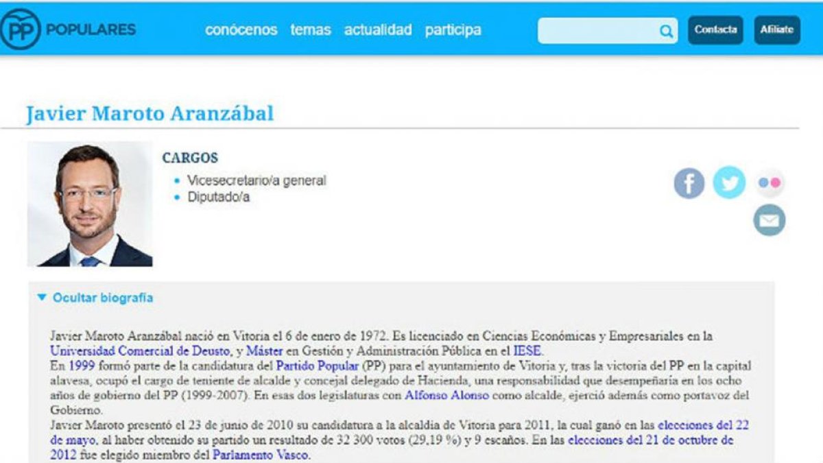 La biografía de Javier Maroto en la web del PP en la que figura que realizó un máster-EL PERIÓDICO