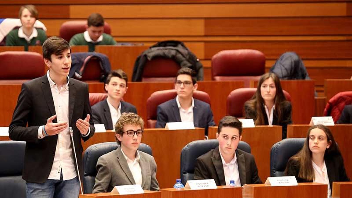 Los ganadores del Instituto Cardenal López de Mendoza de Burgos en la categoría de Bachillerato durante el debate en las Cortes regionales.-ICAL