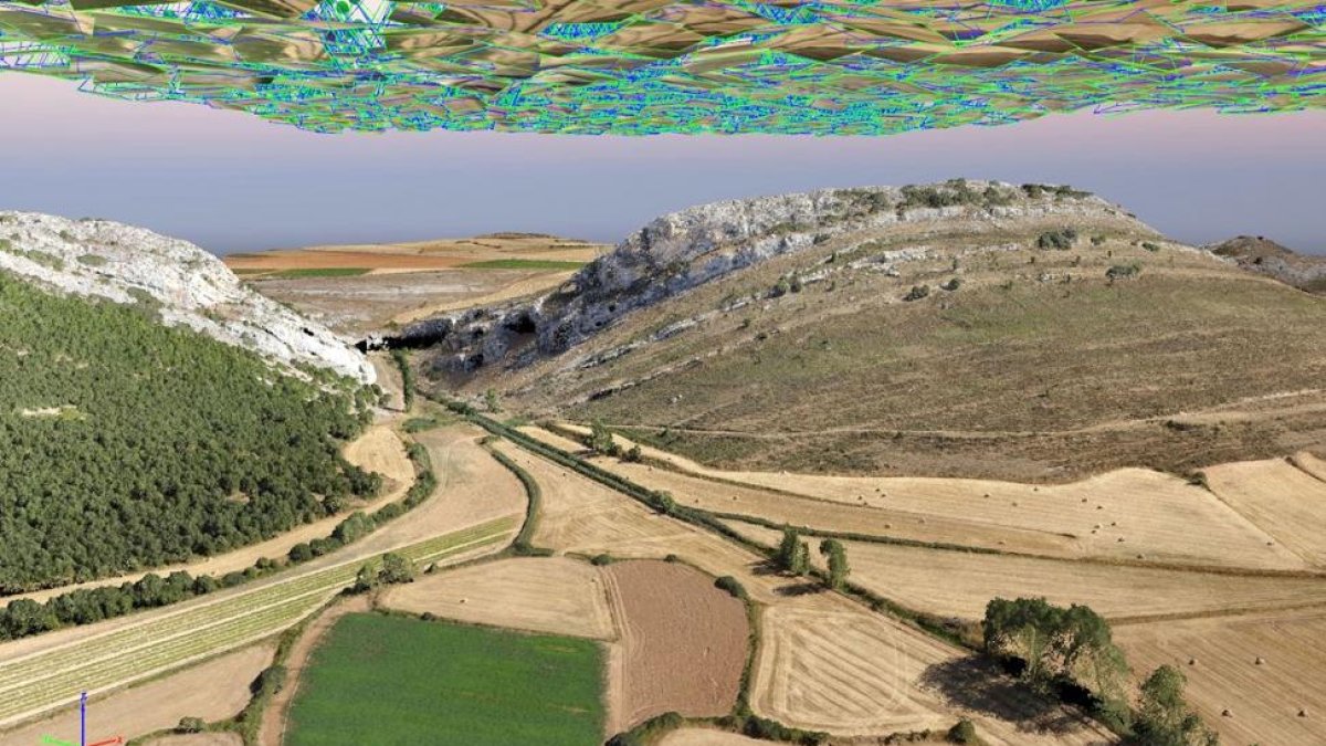Nube de puntos resultante del vuelo fotogramétrico realizado por el dron en la Cueva del Agua de Basconcillos del Tozo y alrededores Burgos.-CENIEH