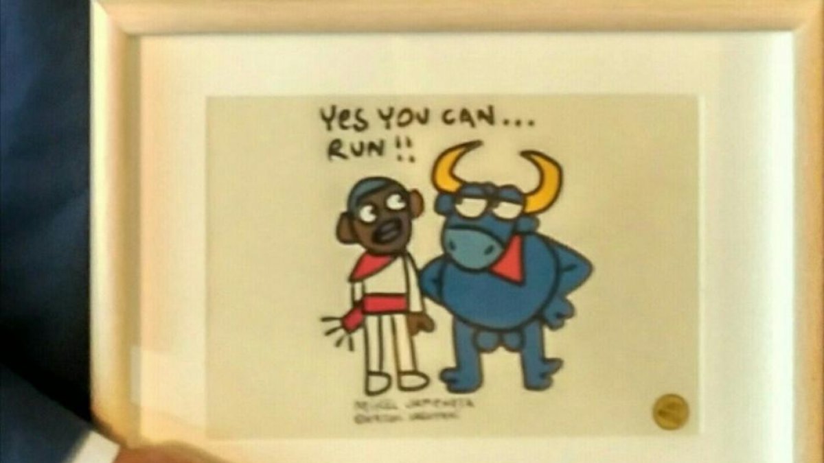 El dibujo de Mikel Urmeneta, con Barack Obama vestido de mozo pamplonica ante el toro Testis.-TWITTER