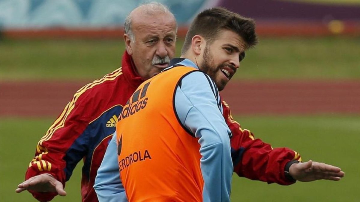 Vicente del Bosque y Gerard Pique durante un entrenamiento de la selección española de fútbol.-EFE / JUAN CARLOS CÁRDENAS