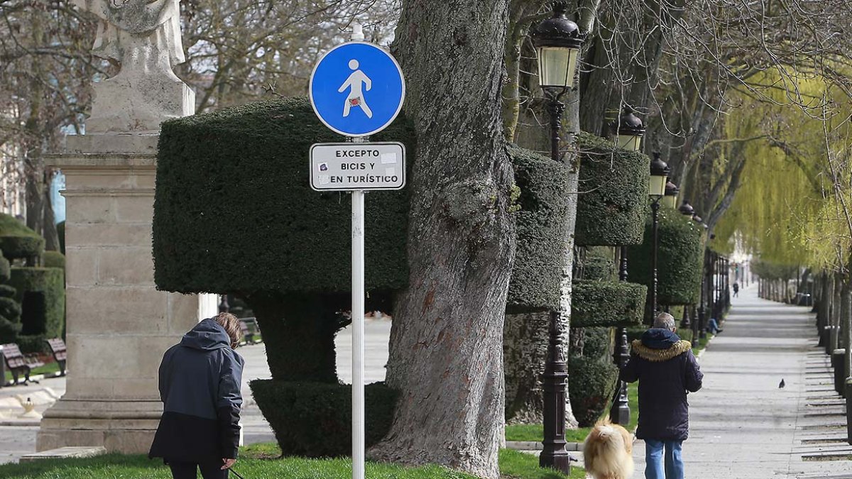 Imagen de dos personas paseando a sus mascotas por el Espolón. RAÚL G. OCHOA