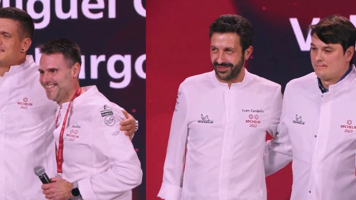 Los chef Miguel Cobo, en el centro en la foto de la izquierda, y Alvar Hinojal, en el centro en al foto de la dercha, nuevas estrellas Michelin de Castilla y León. E. M.
