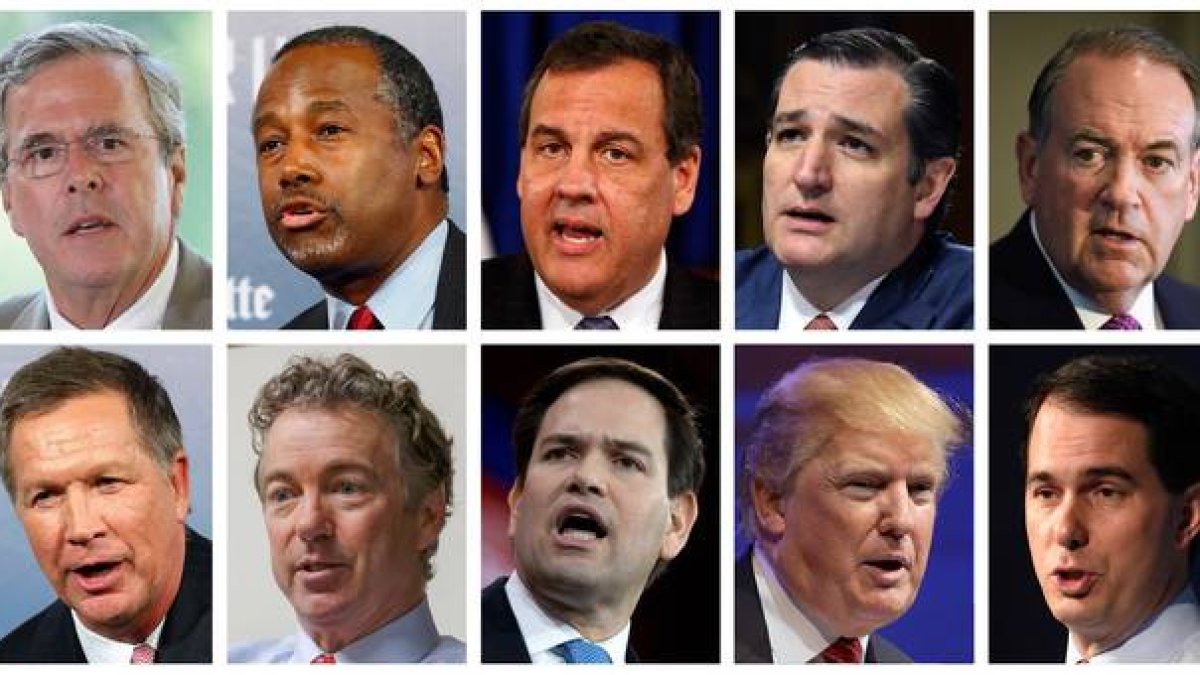 Los candidatos republicanos. De izquierda a derecha, Jeb Bush, Ben Carson, Chris Christie, Ted Cruz, Mike Huckabee, John Kasich, Rand Paul, Marco Rubio, Donald Trump, Scott Walker.-AP