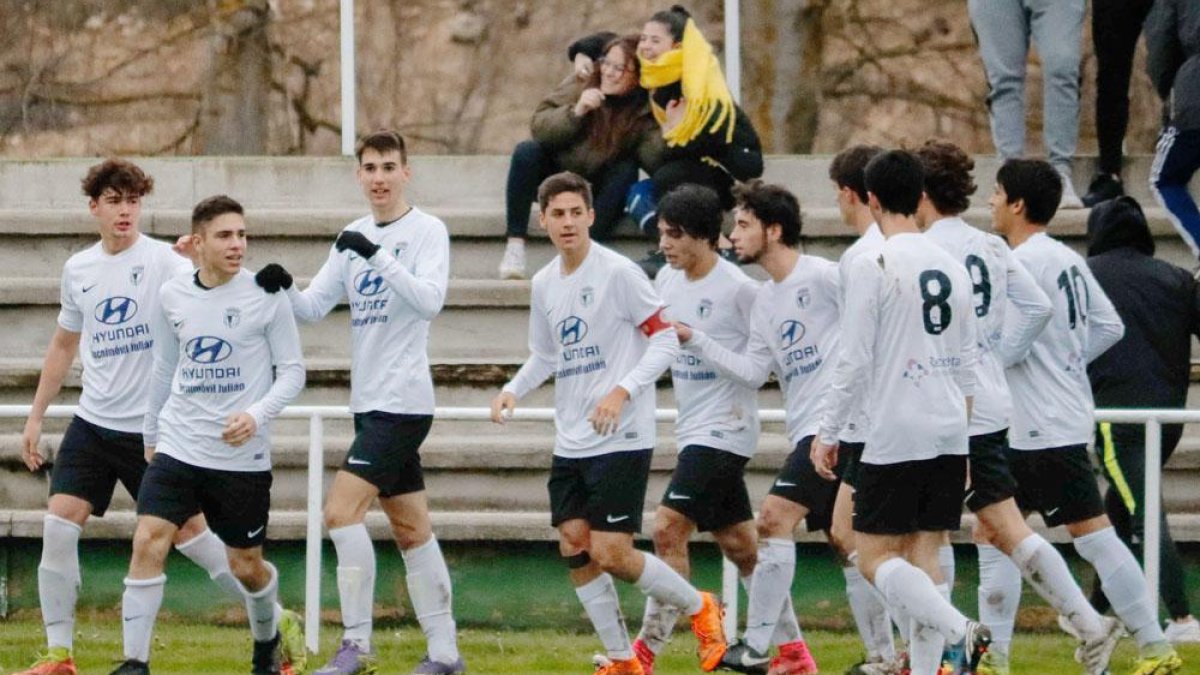 Los integrantes del conjunto burgalés celebran un gol en un partido de esta temporada.-ALBA DELGADO / BURGOS CF