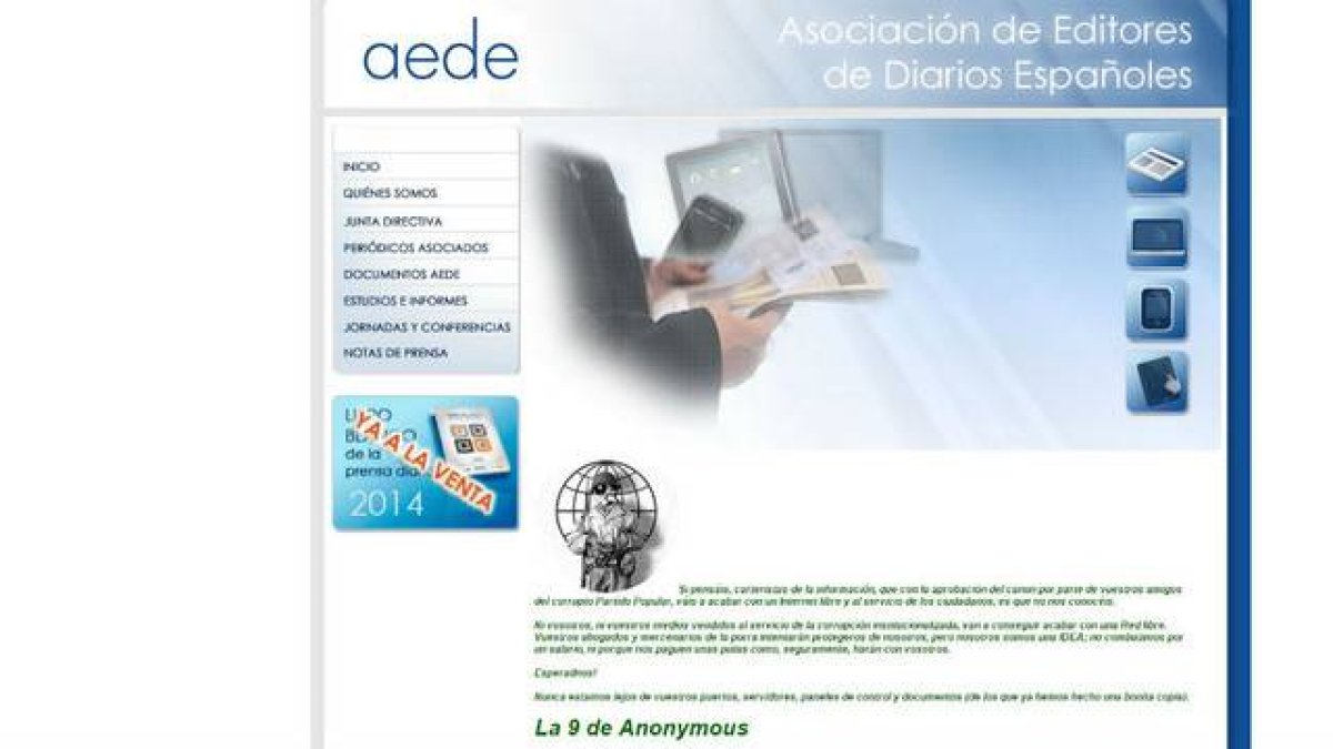 El mensaje que Anonymous ha colgado en la web de AEDE este jueves, tras aprobarse el proyecto de reforma de la ley de propiedad intelectual.-