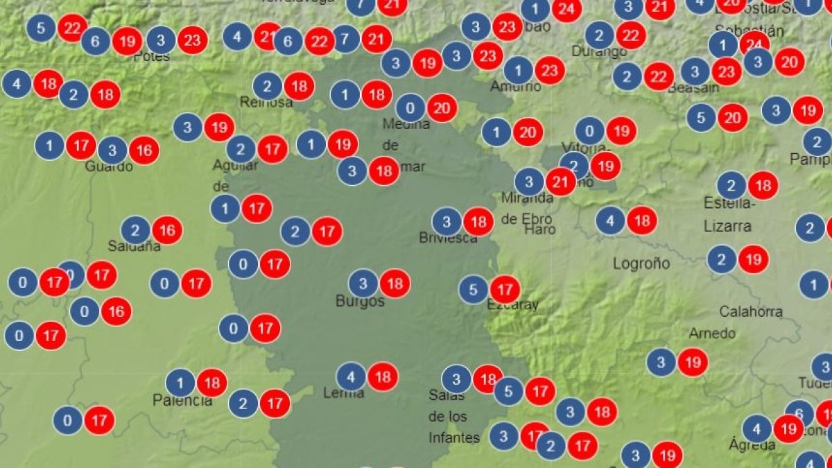 Mapa de temperaturas del martes. AEMET