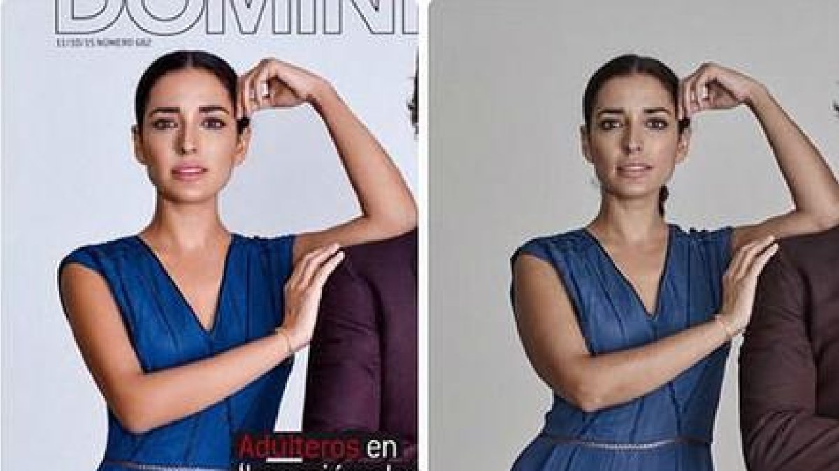 Inma Cuesta en las imágenes de la polémica: a la izquierda, en la portada de 'Dominical', a la derecha, la fotografía original para la que la agencia pidió correcciones.-