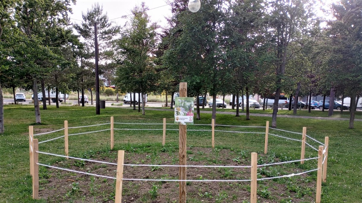 La isla de biodiversidad, junto a la antigua estación de tren, ya esta acotada y cuenta con su correspondiente cartel informativo. SANTI OTERO
