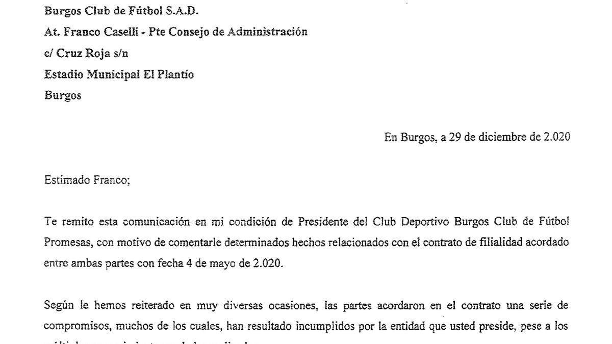 Escrito remitido al Burgos CF por el CD Burgos Promesas. ECB