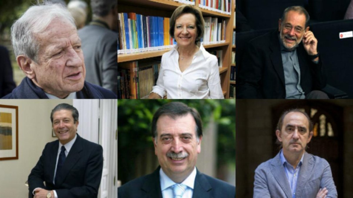 Arriba, Pascual Sala, Victoria Camps y Javier Solana. Abajo, Federico Mayor Zaragoza, Eugeni Gay y Daniel Innerarity.-