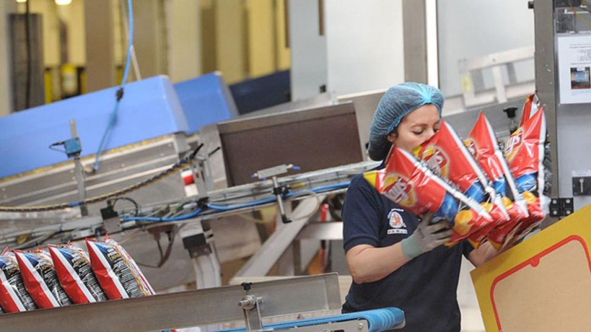 Una empleada realiza su trabajo en la línea de producción de una fábrica burgalesa de snacks.-ISRAEL L. MURILLO