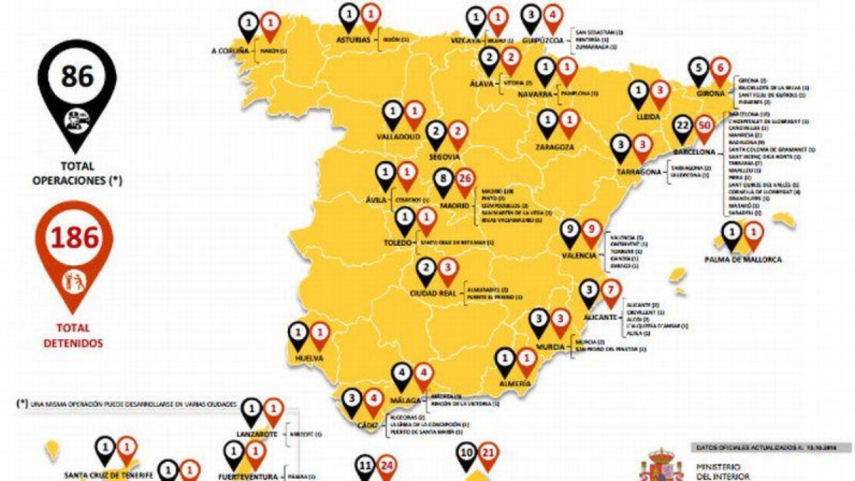 Operaciones y terroristas yihadistas detenidos por comunidades autónomas desde el 2012.-MINISTERIO DEL INTERIOR