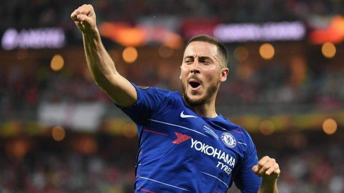 Eden Hazard, futurible del Madrid, celebra un gol con el Chelsea en la final de la Europa League.-AFP
