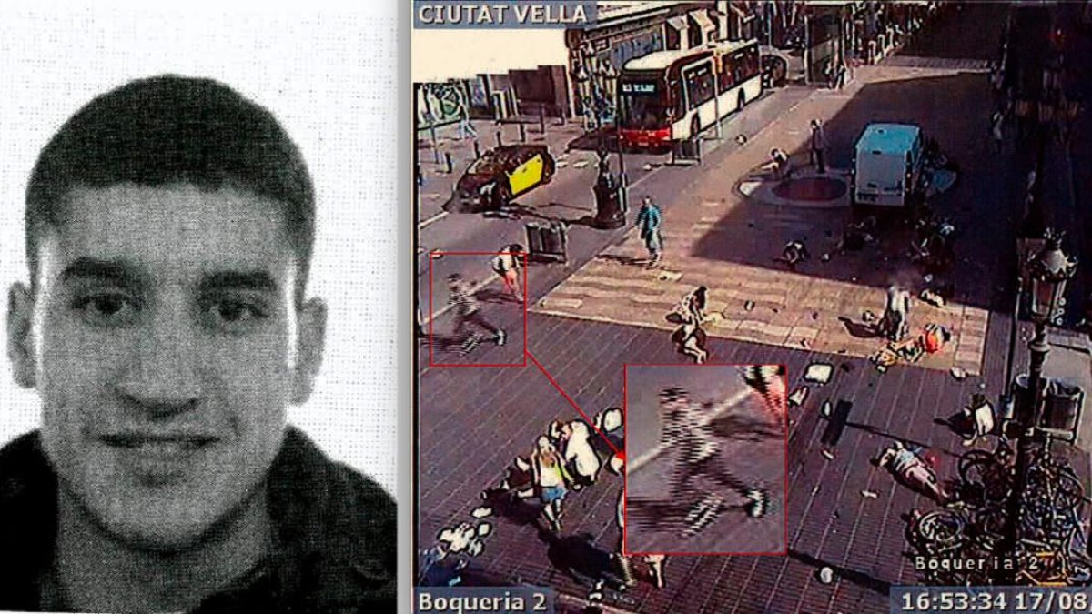 A la izquierda, Younes Abouyaqoub. A la derecha, las imágenes de su fuga que tomó una videocámara. El terrorista corre tras asesinar en La Rambla. /-EL PERIÓDICO