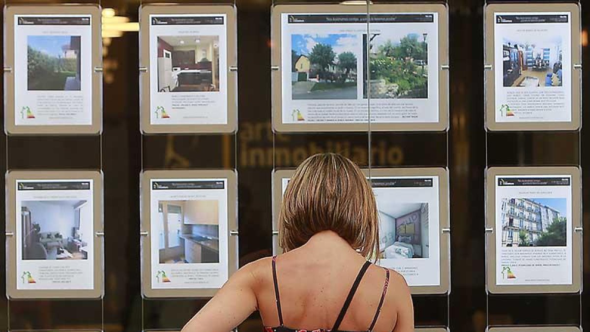 Una mujer observa los anuncios en el escaparate de una agencia.-R. OCHOA