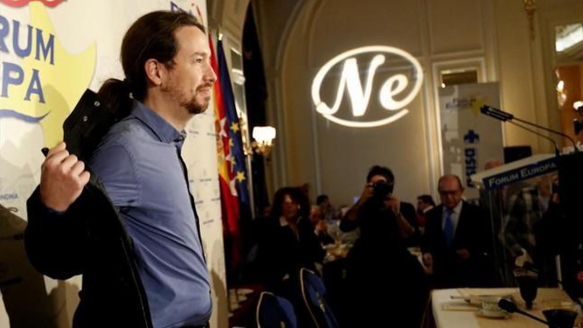Pablo Iglesias, este jueves, en el coloquio que ha ofrecido en el Hotel Ritz de Madrid.-JUAN MANUEL PRATS