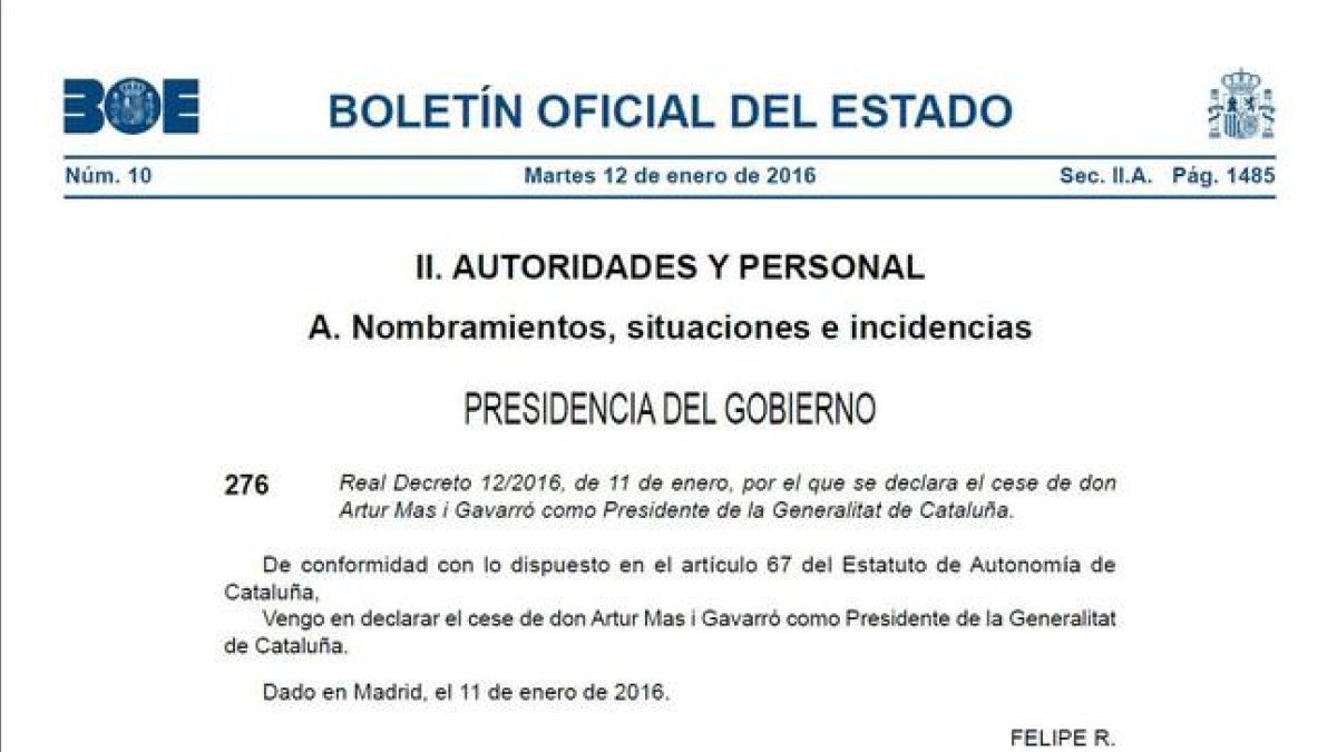 Decreto de cese de Artur Mas publicado en el BOE.-
