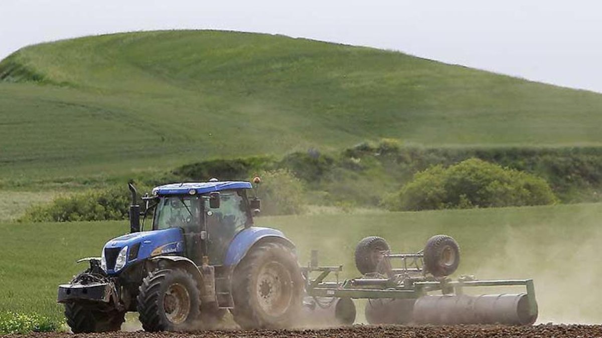 Un agricultor trabaja con un tractor en su explotación en La Bureba.-RAÚL G. OCHOA