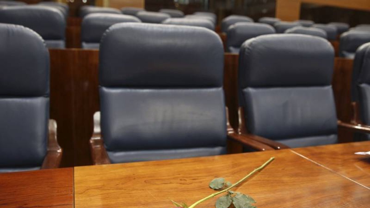 Una rosa en el escaño que ocupaba en la Asamblea de Madrid el secretario de Movimientos Sociales del PSOE, Pedro Zerolo, fallecido ayer a los 54 años a causa del cáncer de páncreas que padecía.-Foto: EFE