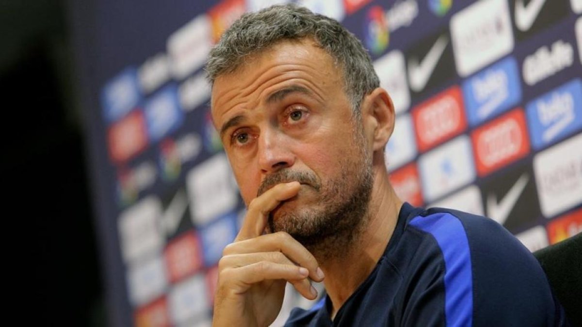 Luis Enrique, en la conferencia de prensa de hoy en la Ciudad deportiva del Barça.-SPORT / MARC CASANOVAS