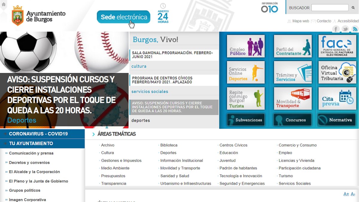 Captura de pantalla de la página web municipal que no se renueva desde 2010.