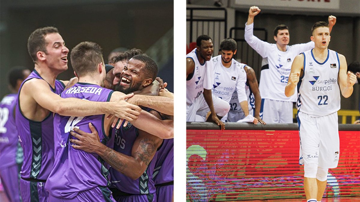 Los jugadores del Hereda San Pablo celebran su triunfo en la BCL y en un partido de ACB. FIBA / ACB PHOTO