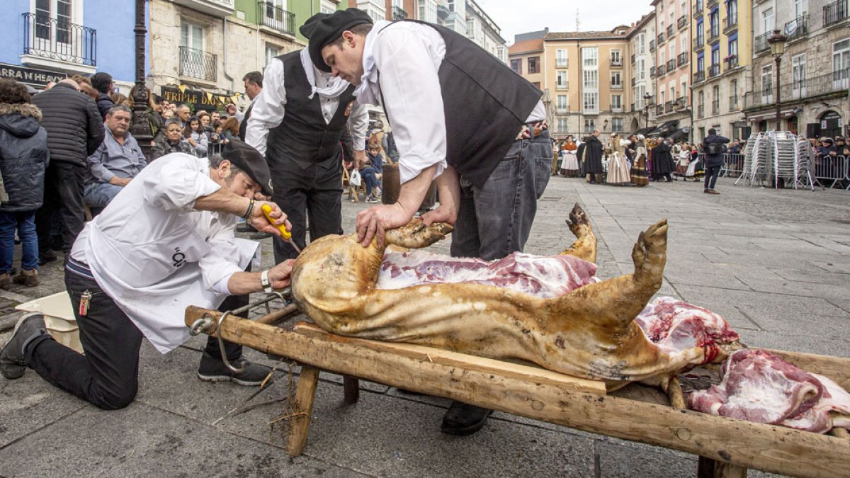 Tres miembros de la sociedad preparan el cerdo para su despiece. SANTI OTERO