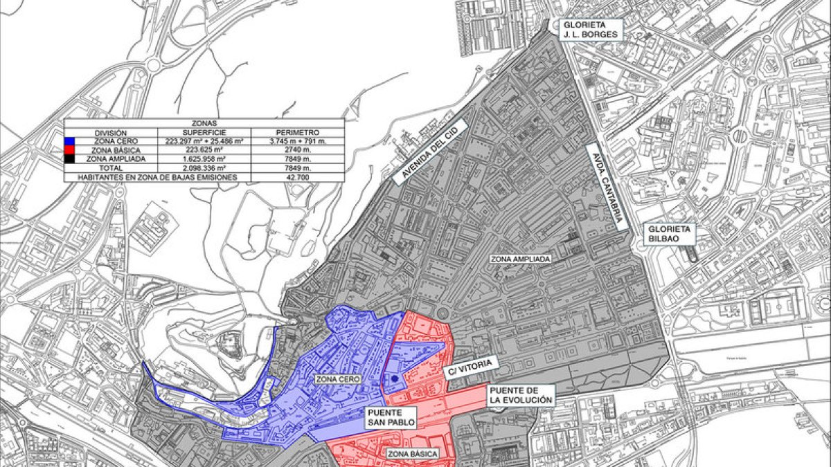 Mapa de las calles afectadas por la Zona de Bajas Emisiones de Burgos.