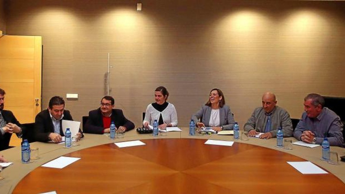 La consejera de Agricultura en la reunión con los miembros de la Mesa de La Leche y los portavoces parlamentarios.-ICAL