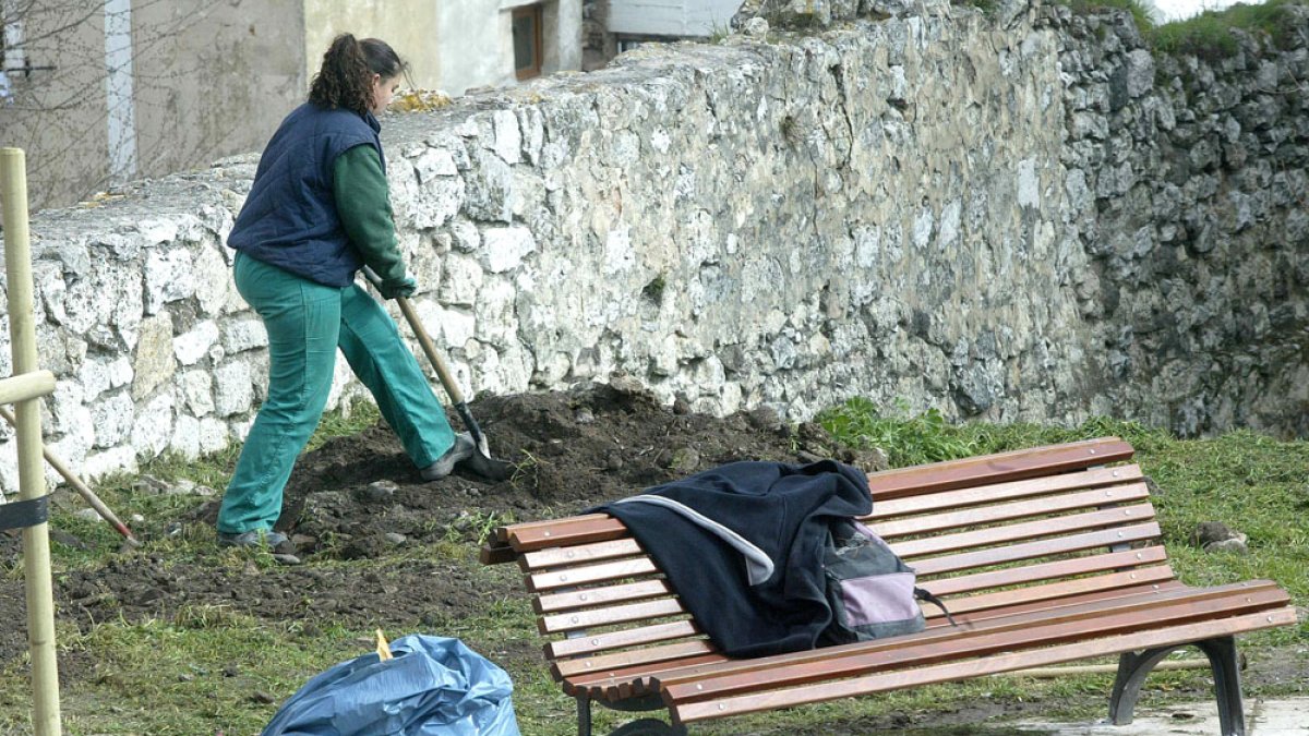 Una participante en un curso de Jardinería del Plan de Empleo, realiza labores de mejora de la ribera del Arlanzón. RAÚL G. OCHOA