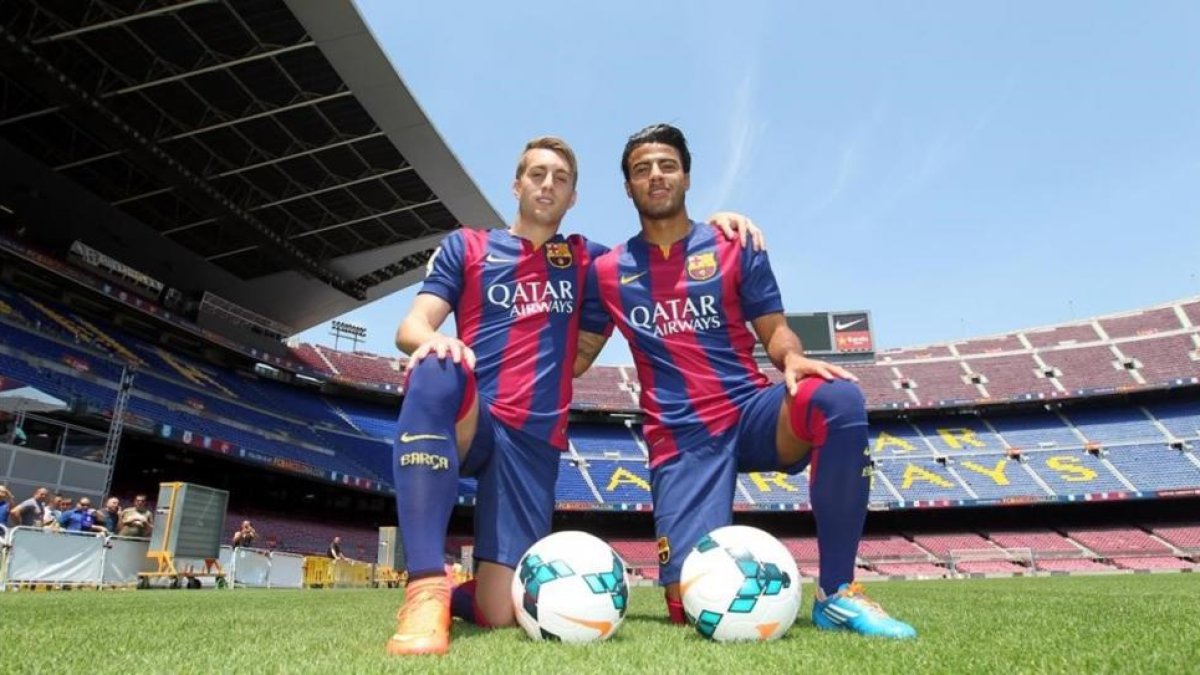Deulofeu y Rafinha, en su regreso al Barça en el 2014.-