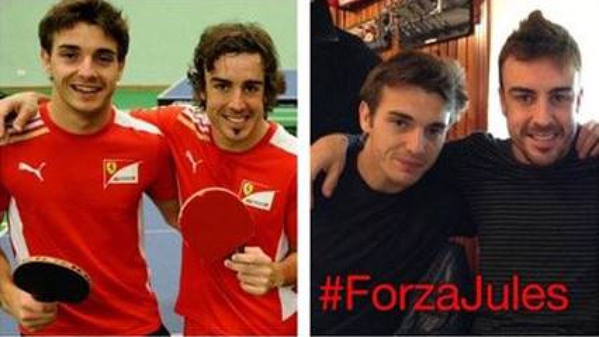 Las cuatro fotografías de Fernando Alonso y Jules Bianchi que el piloto asturiano ha colgado en su perfil de Twitter en lugar de su avatar personal.-