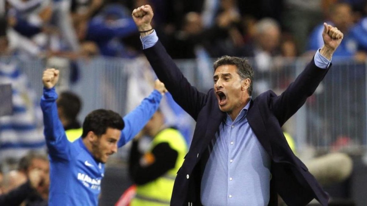 Michel celebra un gol del Málaga en el partido de Liga de esta temporada contra el Sevilla.-