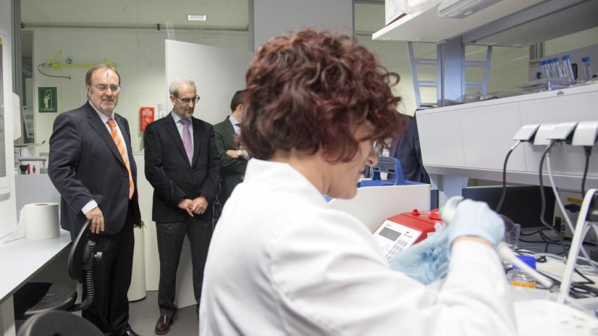 El consejero de Educación, Fernando Rey, visita el Edificio I+D+i de la Universidad de Salamanca. En la imagen junto al Rector, Daniel Hernández, en el banco de ADN situado en el edificio-ICAL