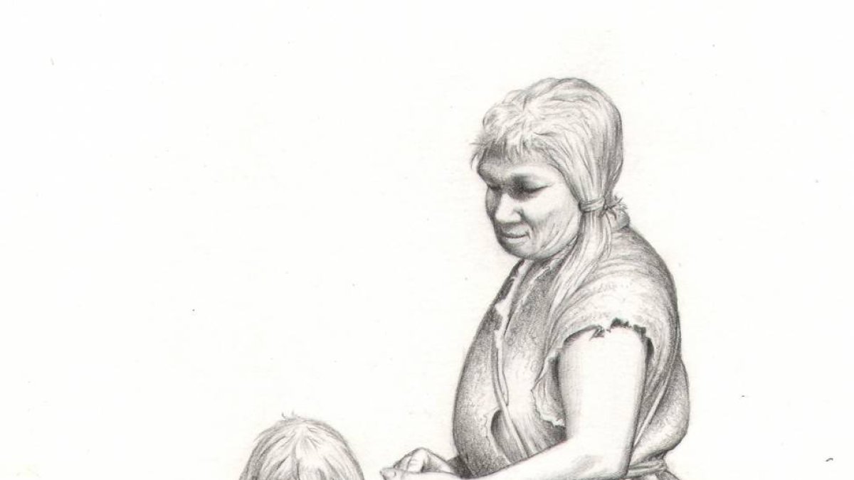 Ilustración de una madre y una pequeña neandertales.-ECB