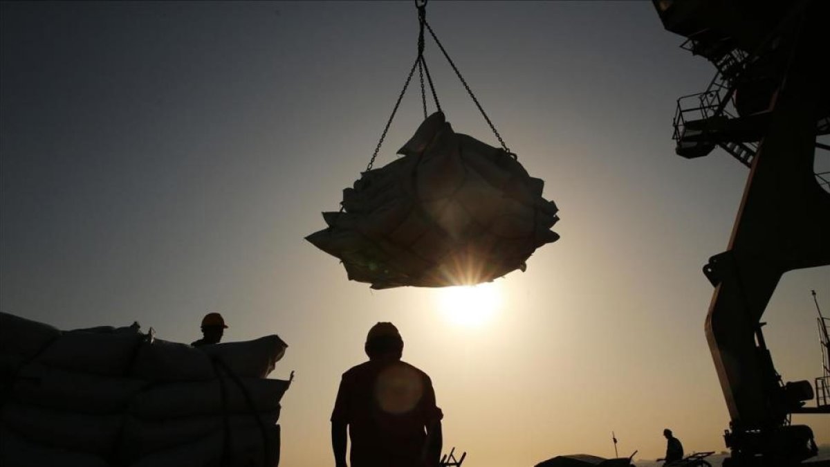Trabajadores portuarios descargan un barco en el puertos de Nantong, en la provincia de Jiangsu. / APF-/ APF